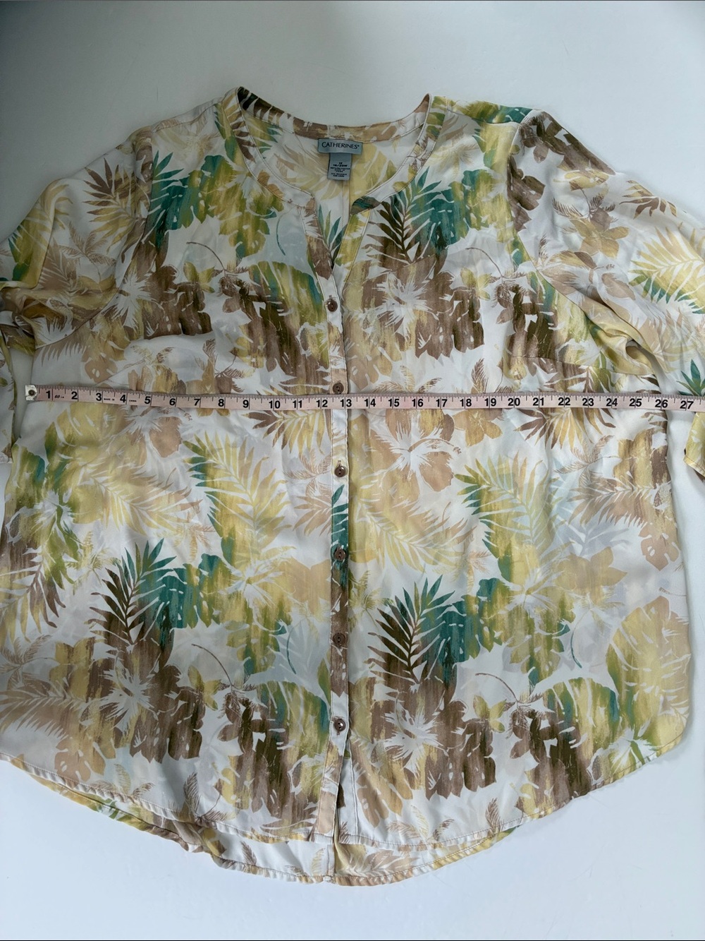 Catherines Cream Button-Front Tunic with Green and Brown Leaf Print 1X - Picture 14 of 15